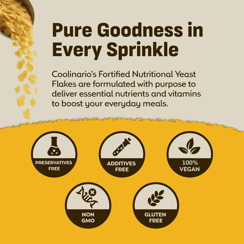 Coolinario Nutritional Yeast Flakes closeup texture shows light, flaky grains