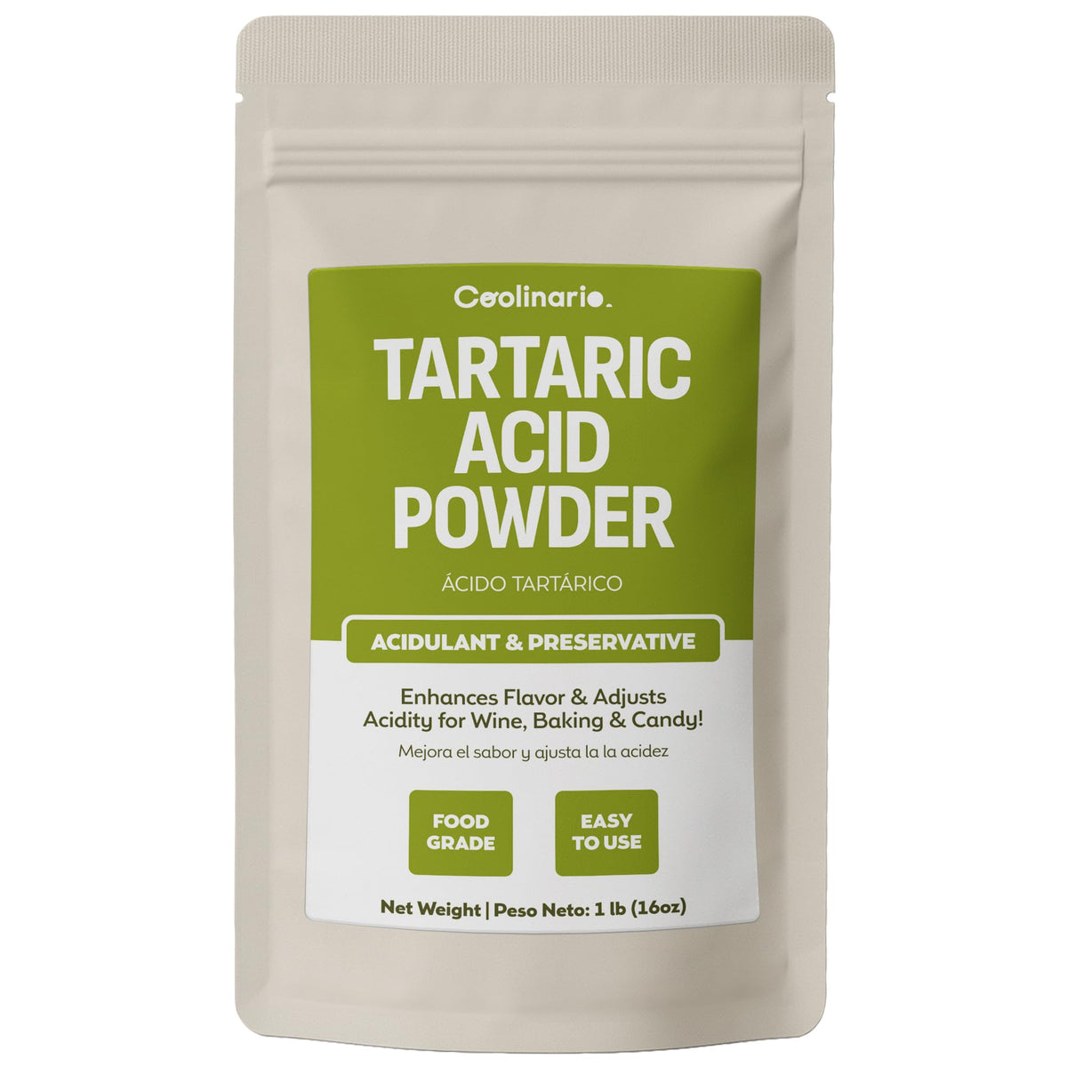 Coolinario Tartaric Acid Powder bottle being poured, balancing wine acidity.