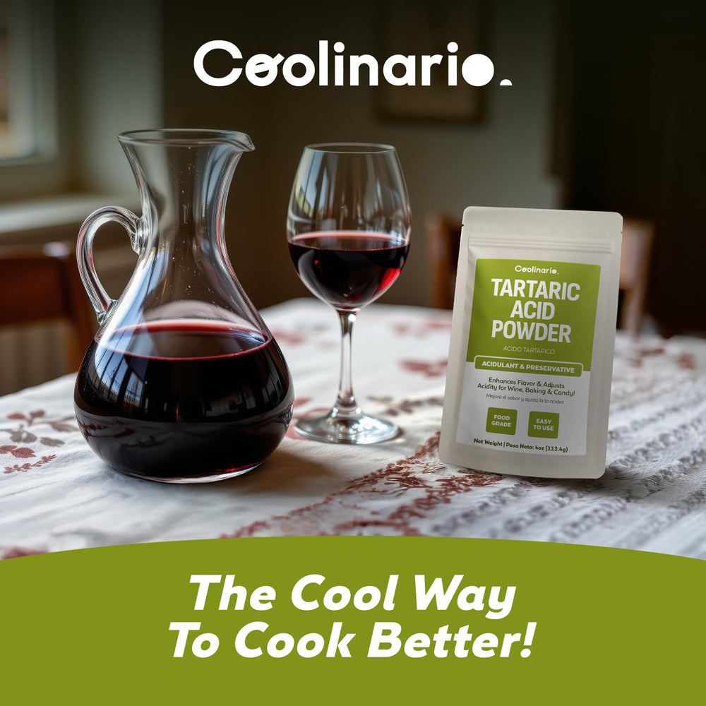 Coolinario tartaric acid powder label close-up, showing food-grade quality.