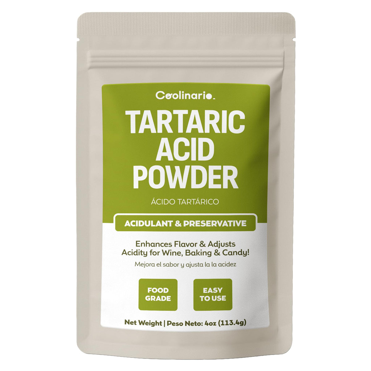 Coolinario tartaric acid powder packaging on shelf, ready for culinary use.