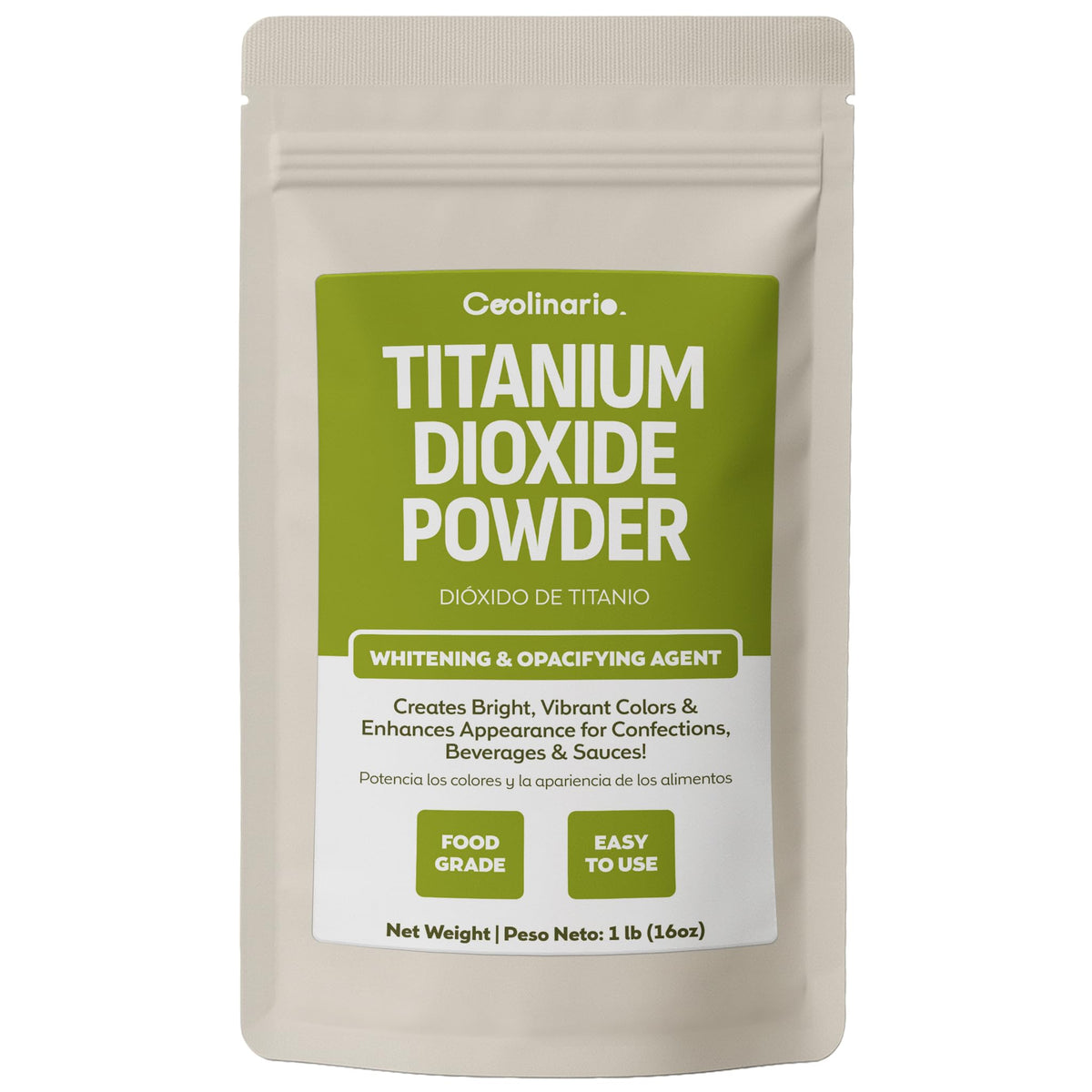 Coolinario titanium dioxide powder applied to icings to create a bright, polished white finish