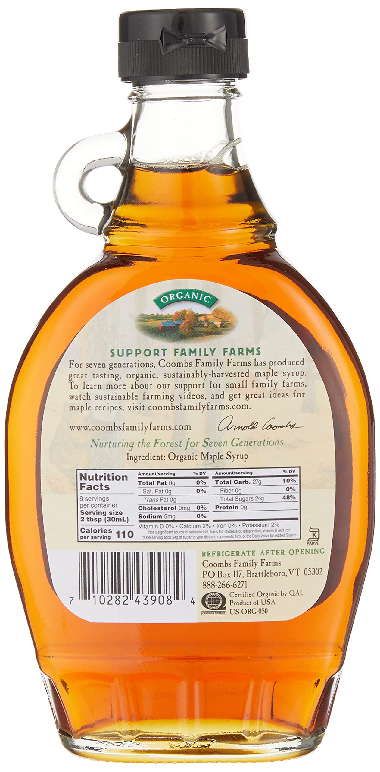 Coombs Family Farms Grade B maple syrup label close-up highlighting organic quality.