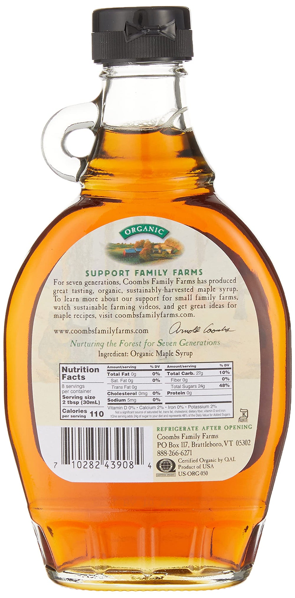 Coombs Family Farms Grade B maple syrup label close-up highlighting organic quality.