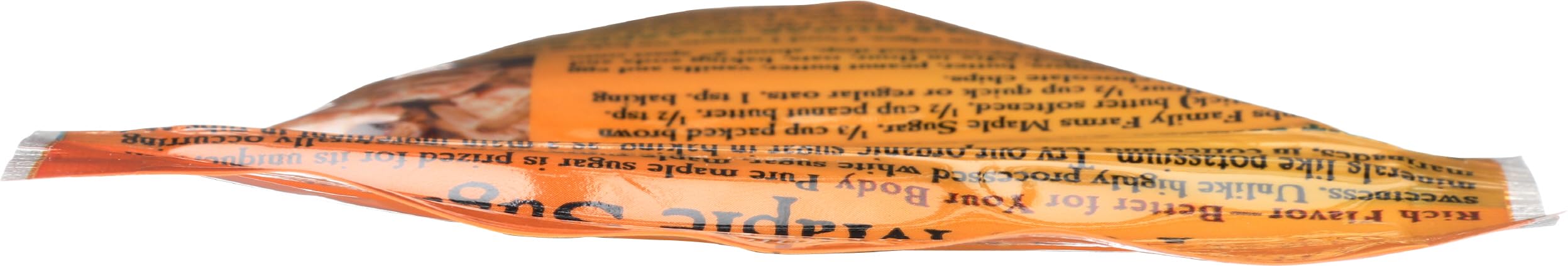 Organic maple sugar packaging highlights sustainability and pesticide-free farming.