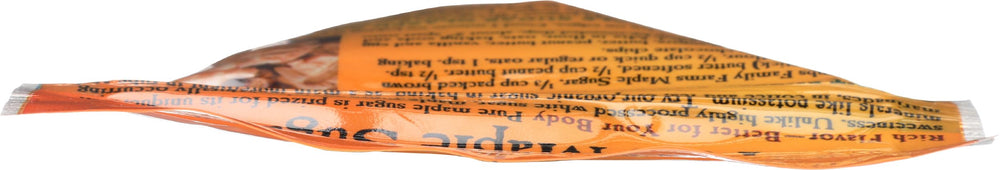 Organic maple sugar packaging highlights sustainability and pesticide-free farming.