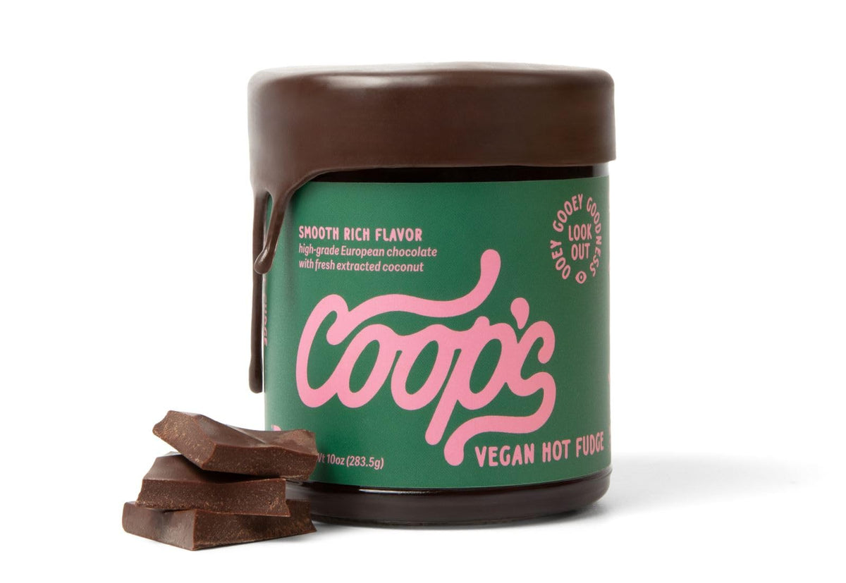 Coop's Vegan Hot Fudge Sauce jar ready for dairy-free dessert toppings