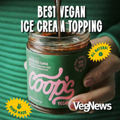 Coop's vegan fudge sauce on brownies for a decadent treat