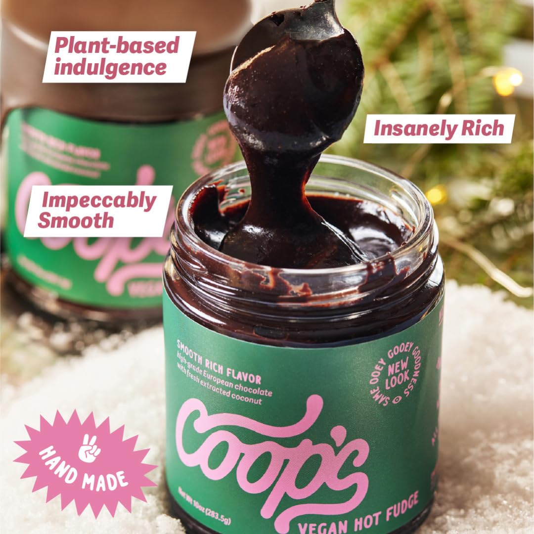 Coop's vegan hot fudge sauce topping ice cream for a creamy sundae