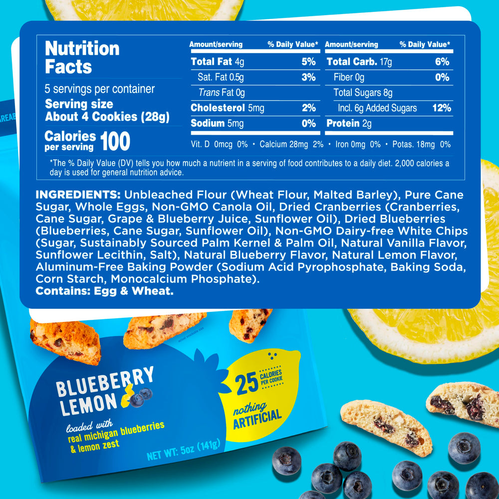 Cooper Street Twice Baked Lemon Blueberry Biscotti displays a crisp, light texture.