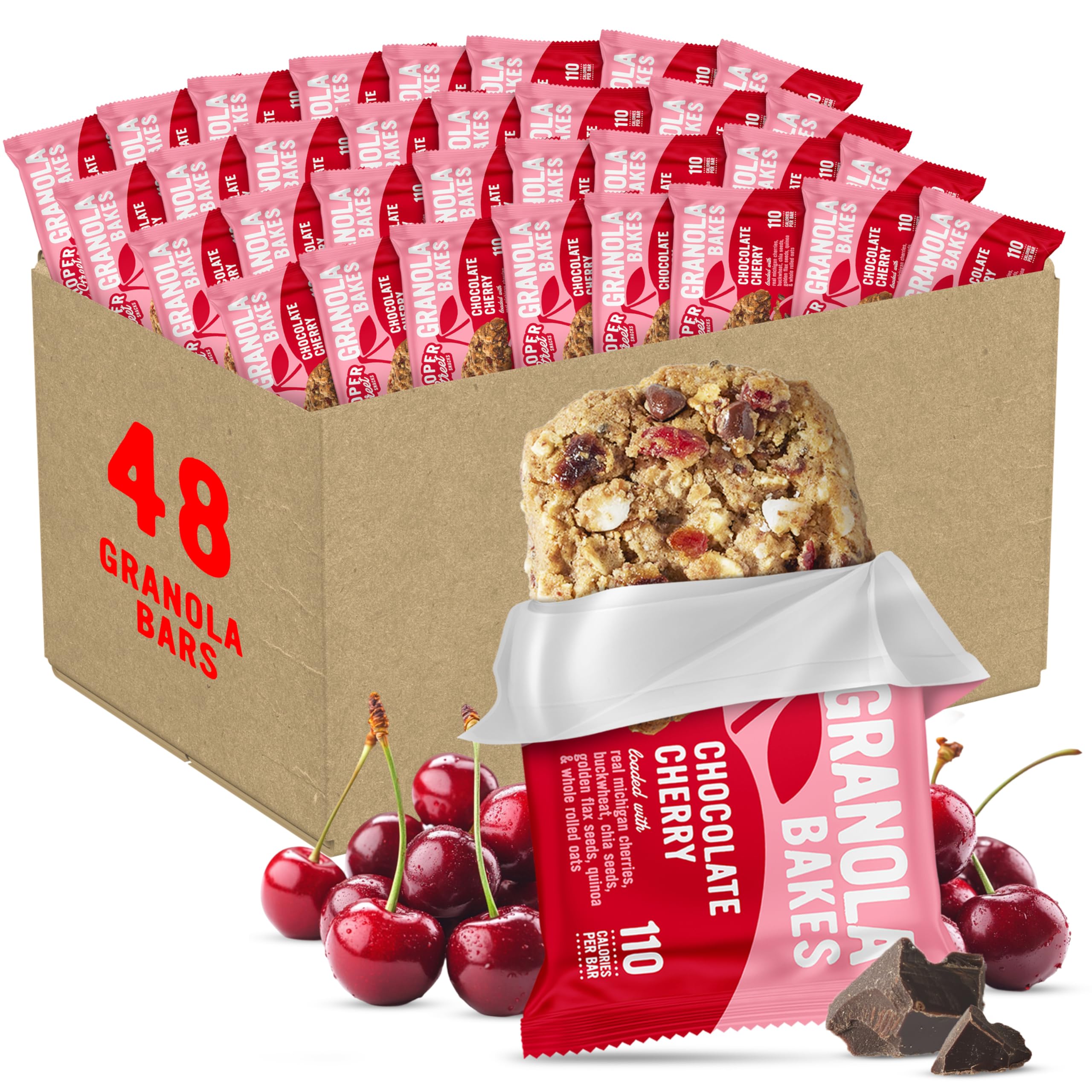 Cooper Street Chocolate Cherry Granola Bakes packaging highlighting bulk value for offices and classrooms.