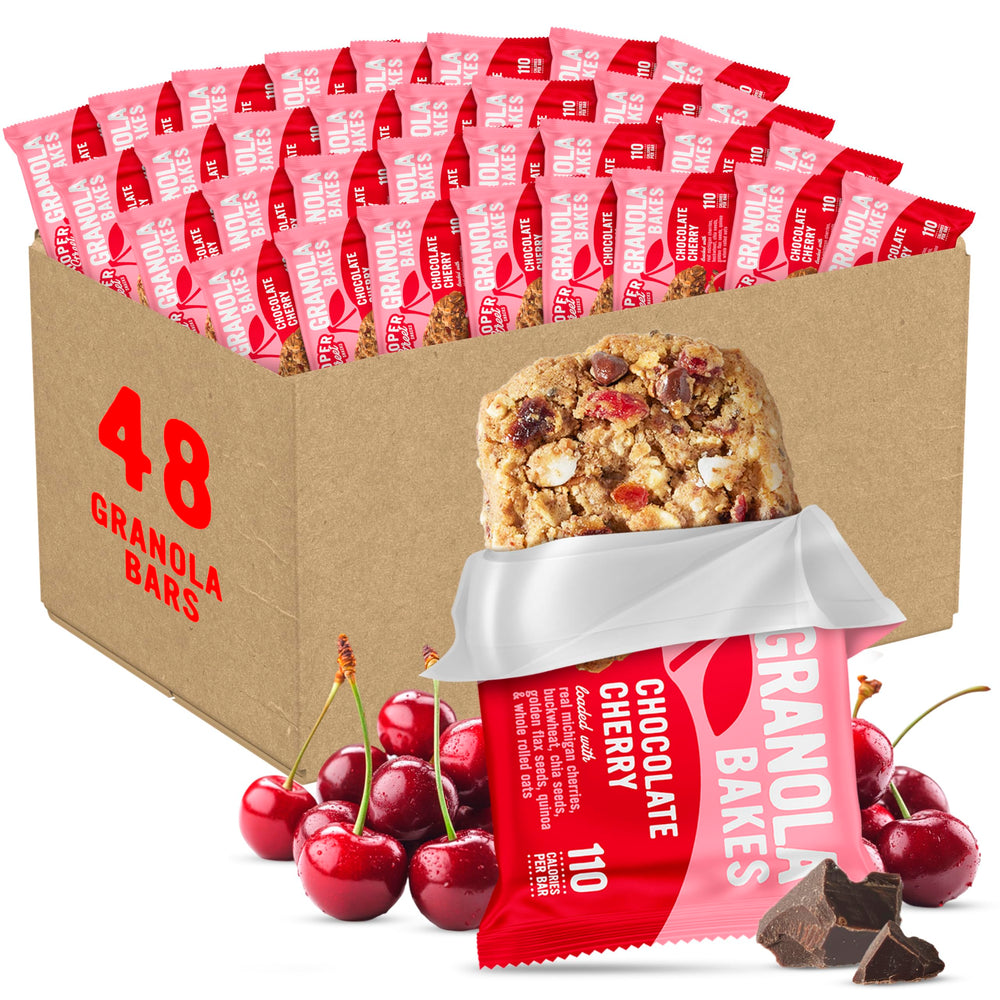 Cooper Street Chocolate Cherry Granola Bakes packaging highlighting bulk value for offices and classrooms.