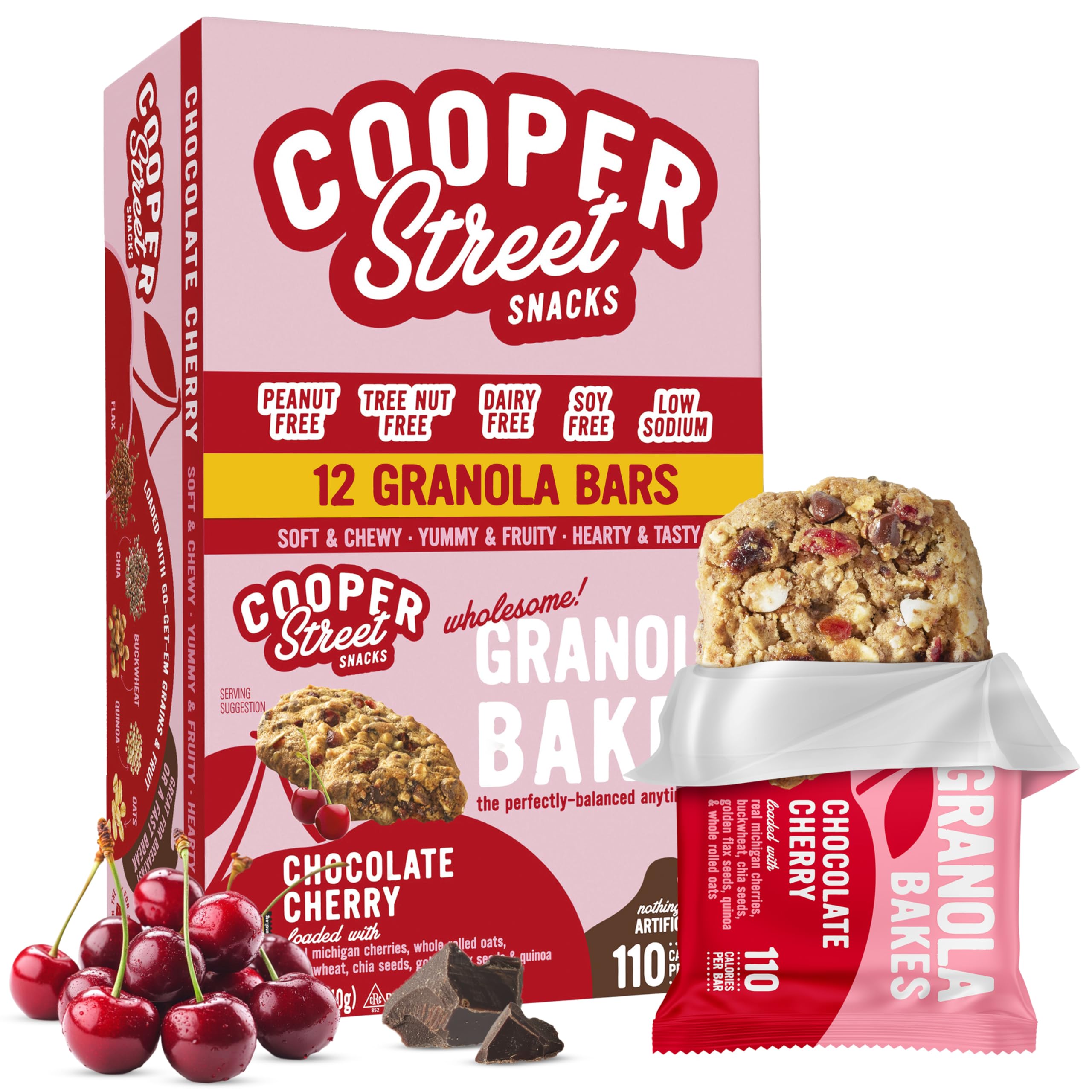 COOPER STREET 12-pack packaging of chocolate cherry granola bars for on-the-go mornings