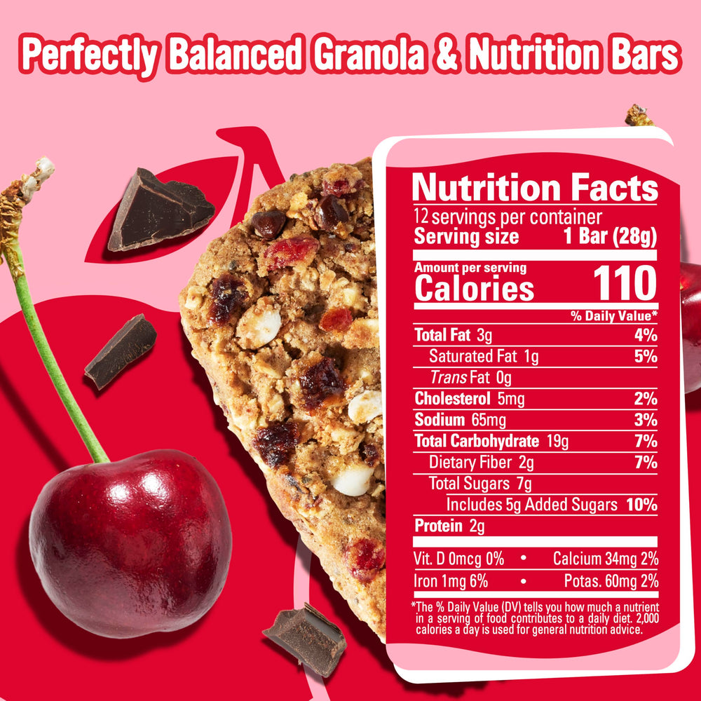 Cooper Street bar close-up shows chewy texture with chocolate chips and real cherries; a satisfying snack.