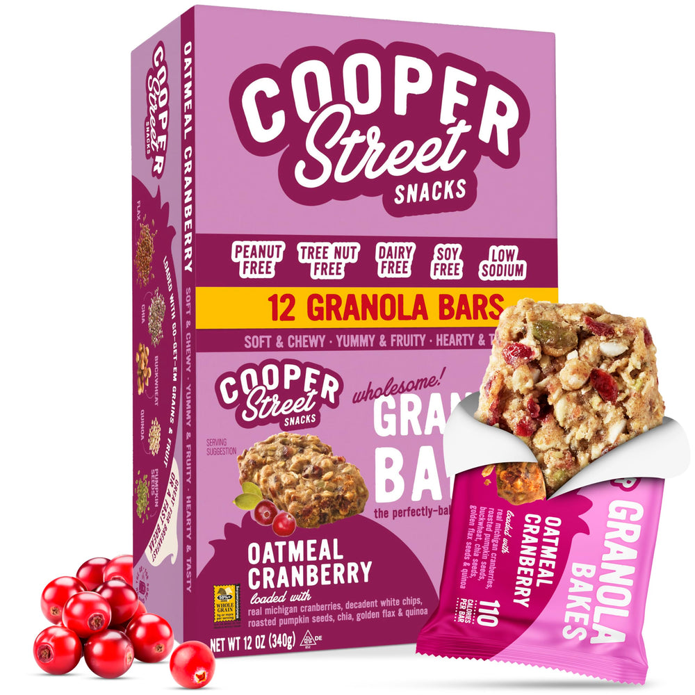 Cooper Street Oatmeal Cranberry Granola Bakes pack front; convenient school snack.