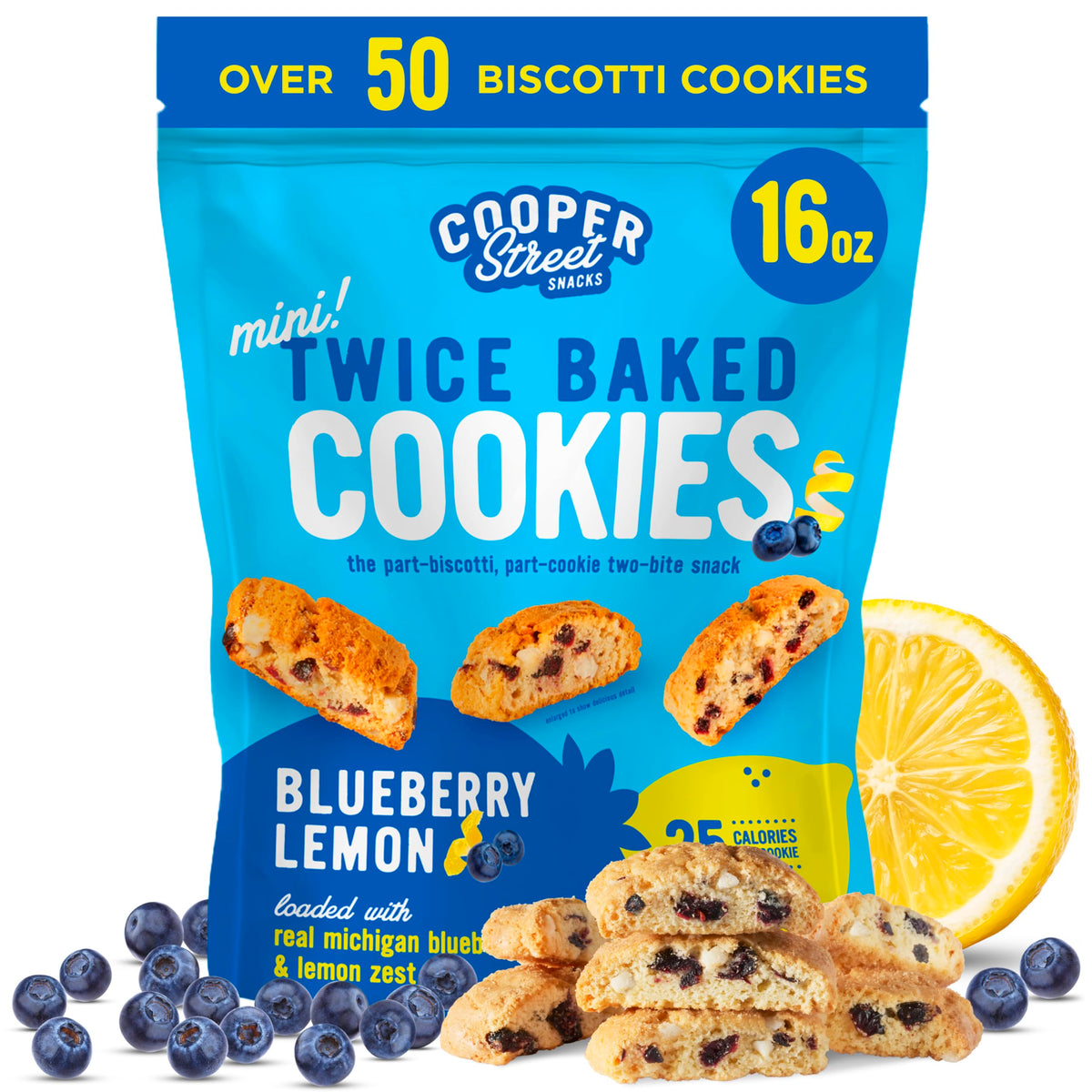 Cooper Street twice-baked blueberry lemon biscotti bag displaying crisp texture for coffee pairing