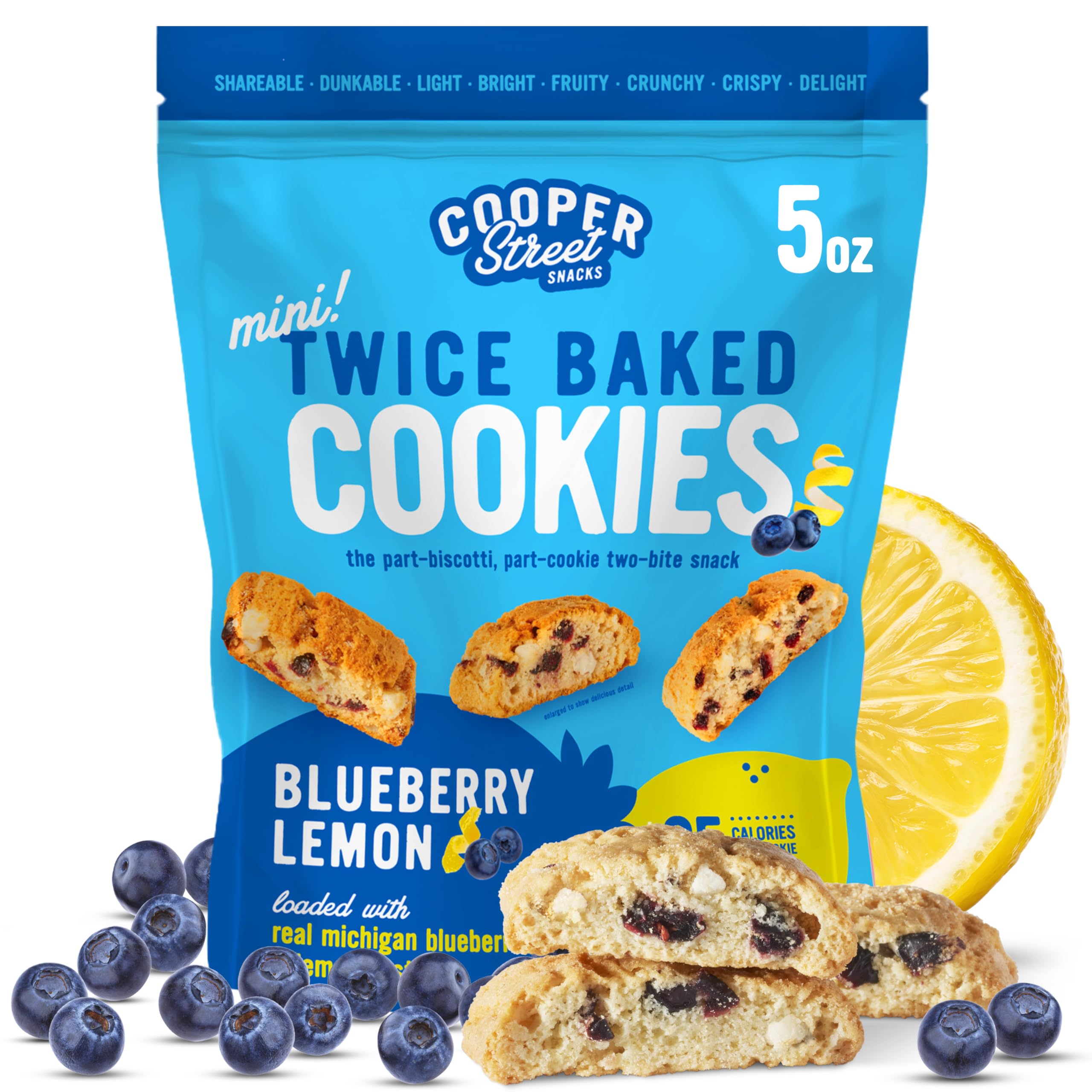 Cooper Street Twice Baked Lemon Blueberry Biscotti pack, crisp and flavorful for snacking.