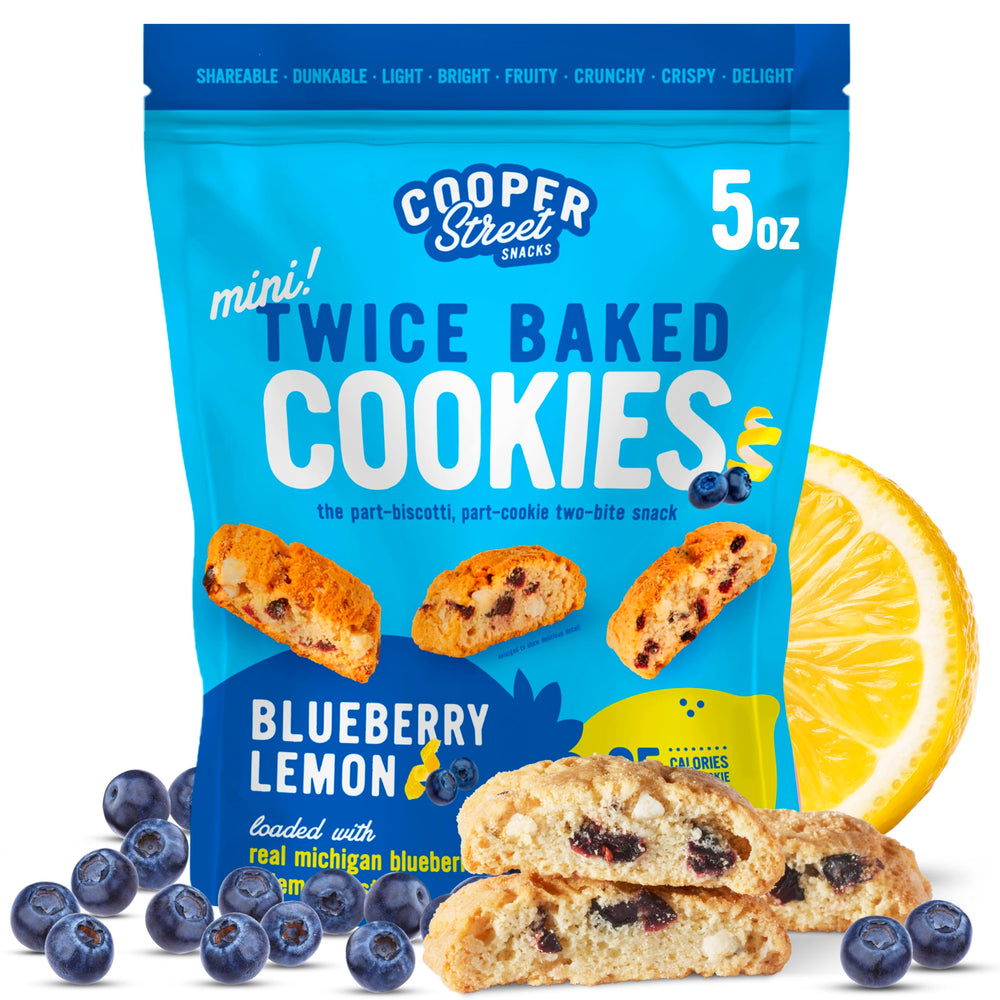 Cooper Street Twice Baked Lemon Blueberry Biscotti pack, crisp and flavorful for snacking.