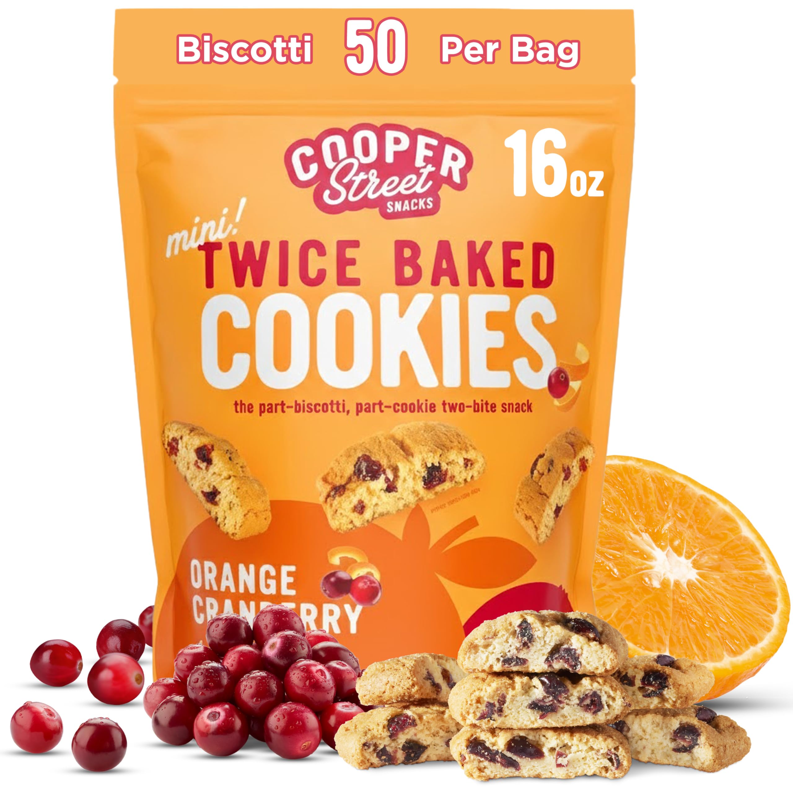Cooper Street twice-baked orange cranberry biscotti bag ready for sharing with coffee