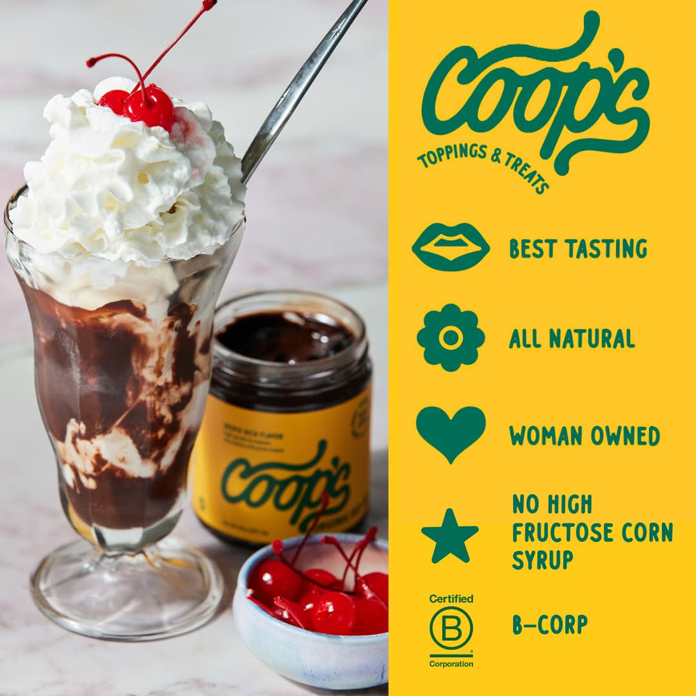 Coop's hot fudge drizzled on pancakes and brownies for depth