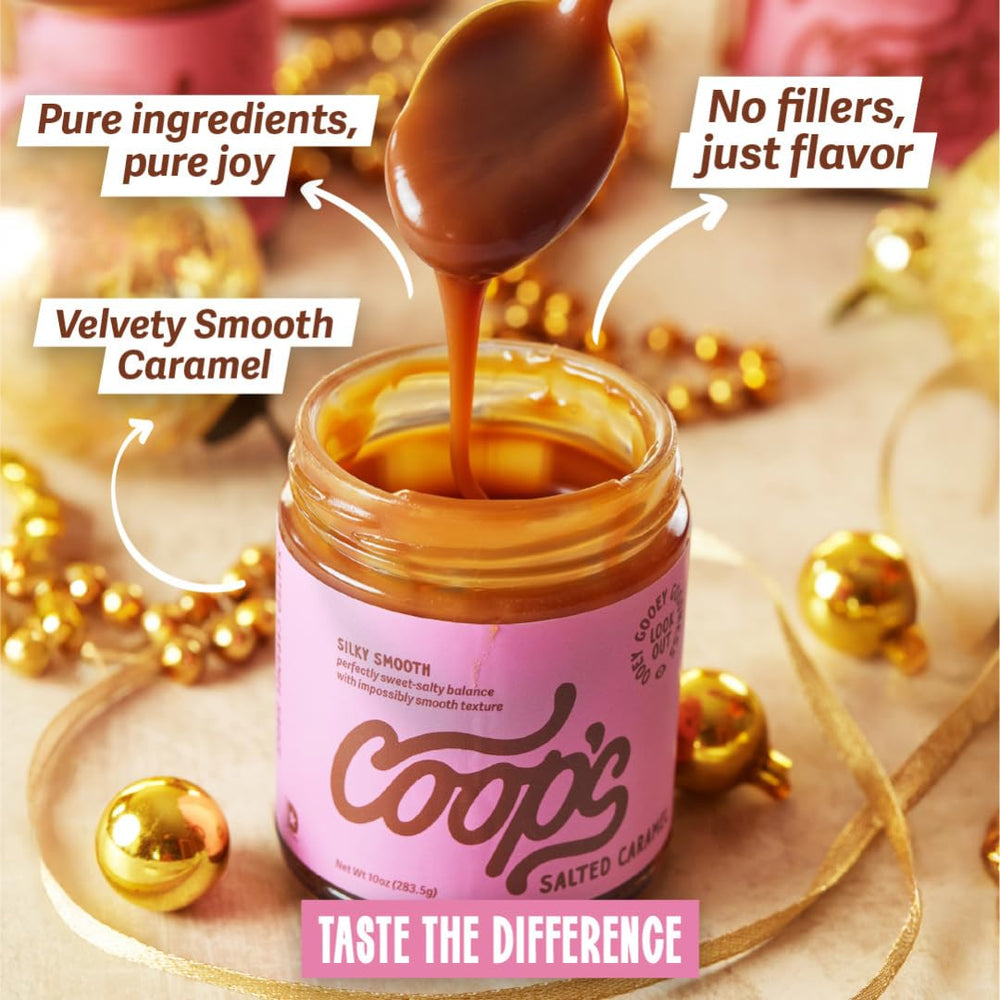 Coop's Salted Caramel Sauce jar with artisan label on display