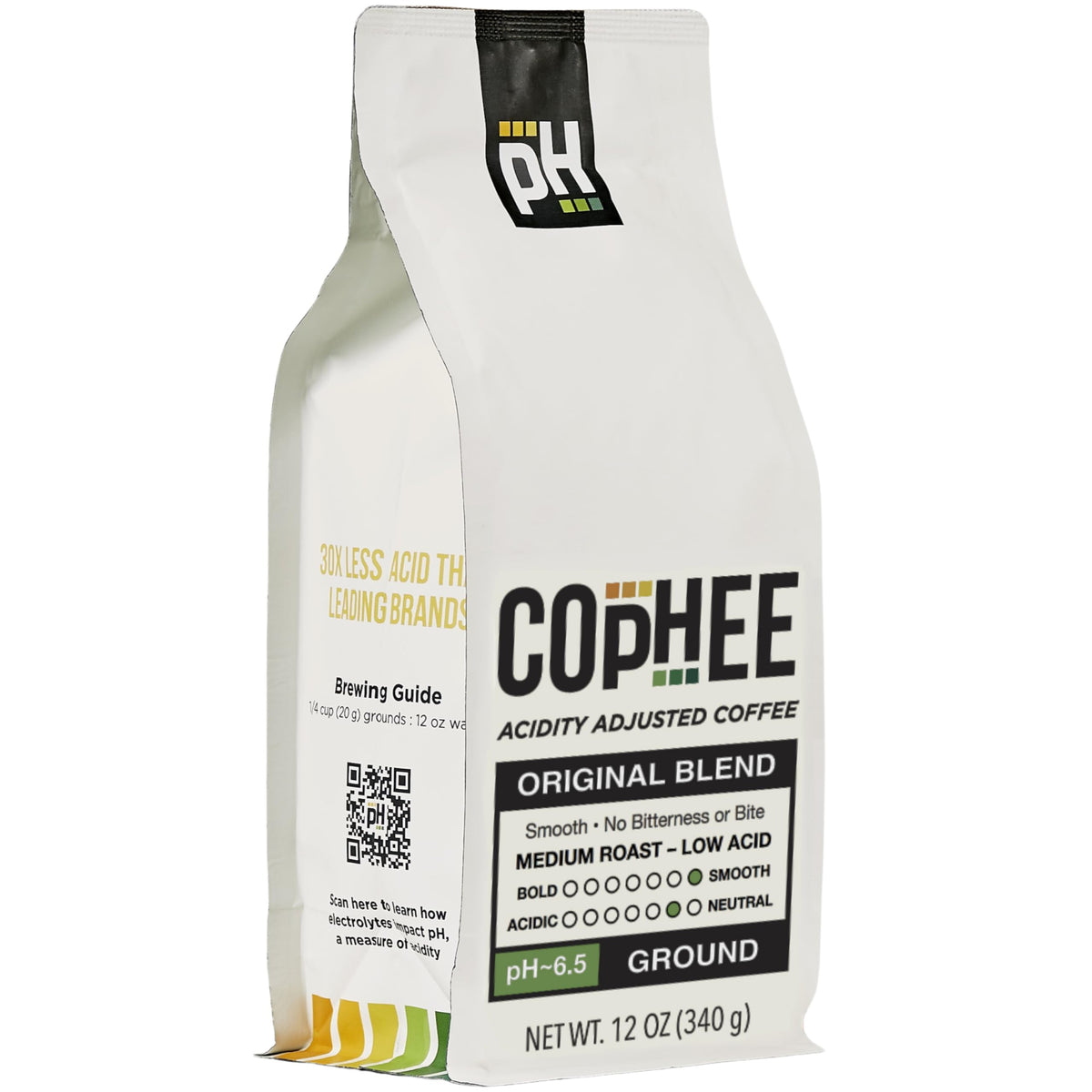 COpHEE Low Acid Coffee bag front shows 100% Arabica and a pH balanced blend.