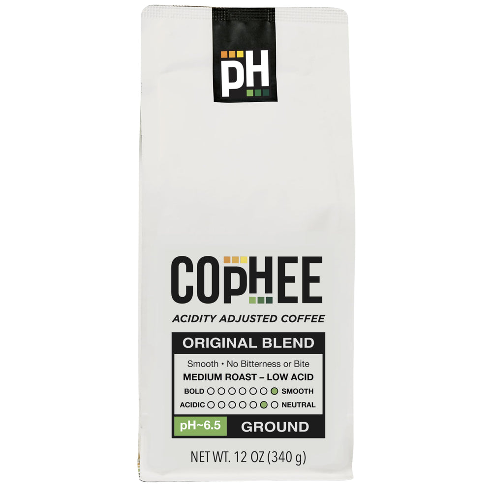 COpHEE Low Acid ground coffee packaging ready for home brew with reduced acidity.
