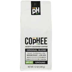 COpHEE Low Acid ground coffee packaging ready for home brew with reduced acidity.