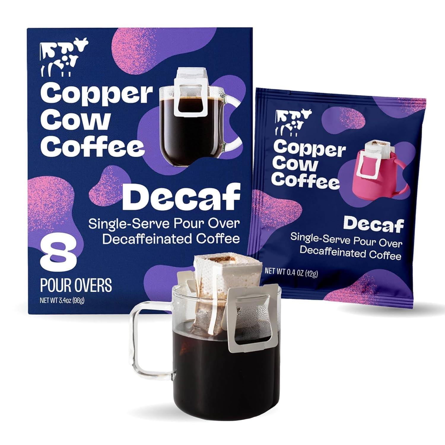 Copper Cow Coffee 8-pack pour-over decaf dark roast packaging for travel convenience
