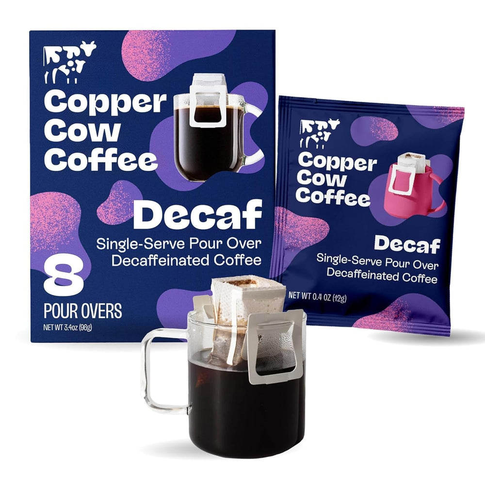 Copper Cow Coffee 8-pack pour-over decaf dark roast packaging for travel convenience