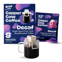 Copper Cow Coffee 8-pack pour-over decaf dark roast packaging for travel convenience
