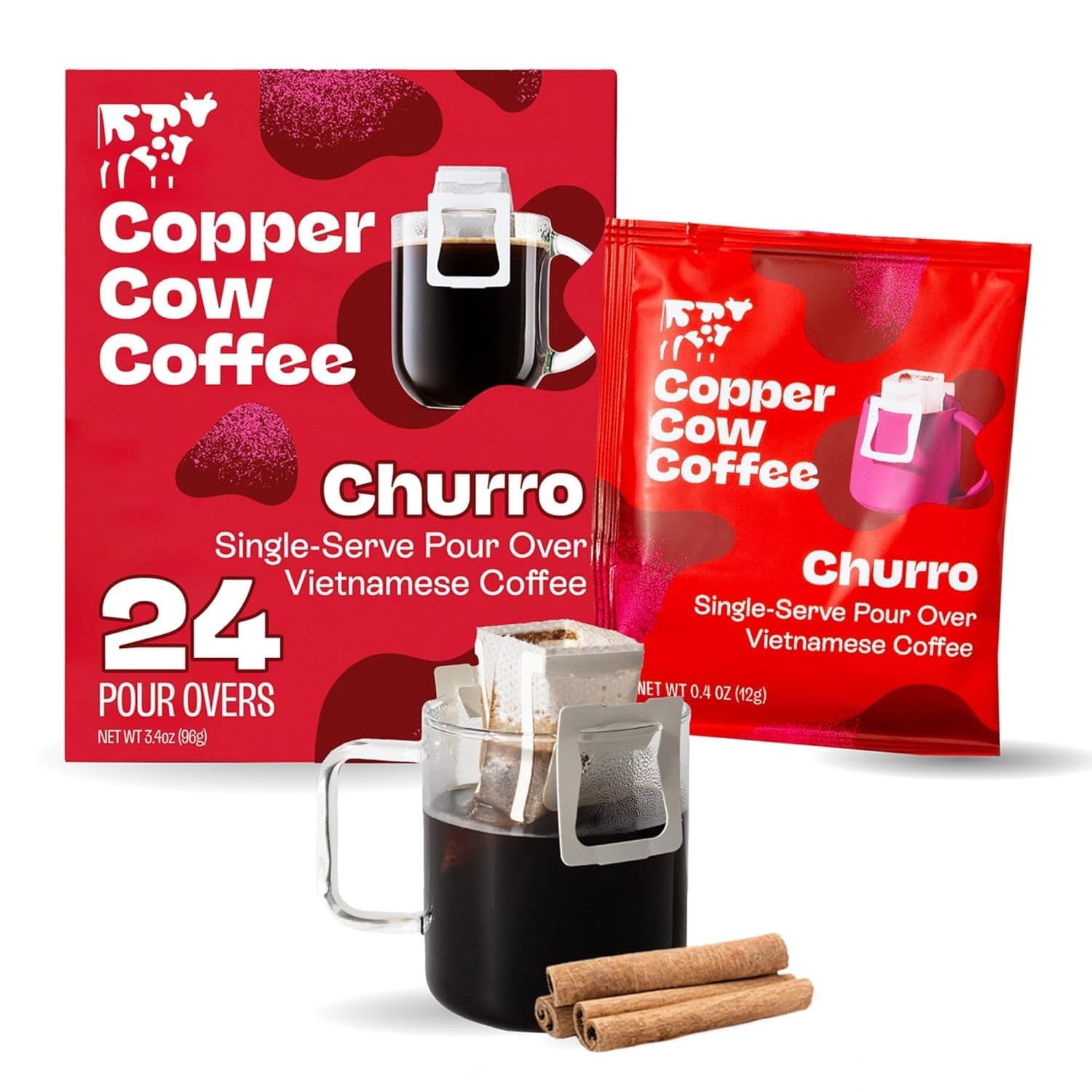 Copper Cow Coffee churro pour-over 24-pack for travel-friendly caffeine