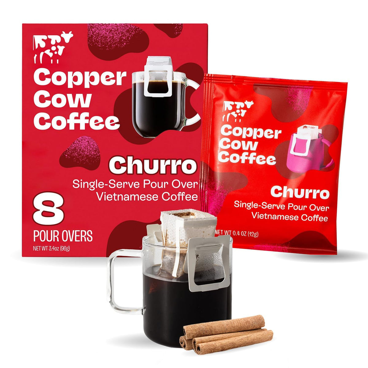 Copper Cow Coffee Churro pour-over 8-pack ready for quick, flavorful Vietnamese coffee.