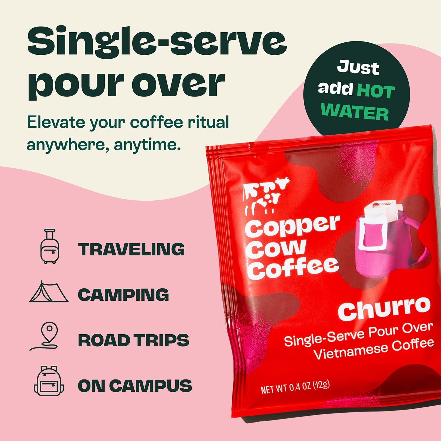 Copper Cow Churro single-serve filter is travel-friendly and mess-free.