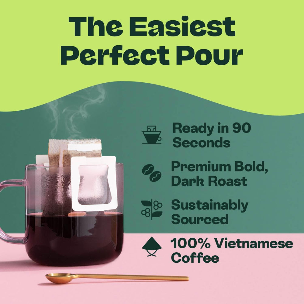 Copper Cow Coffee hot water pouring over filter for quick Vietnamese coffee