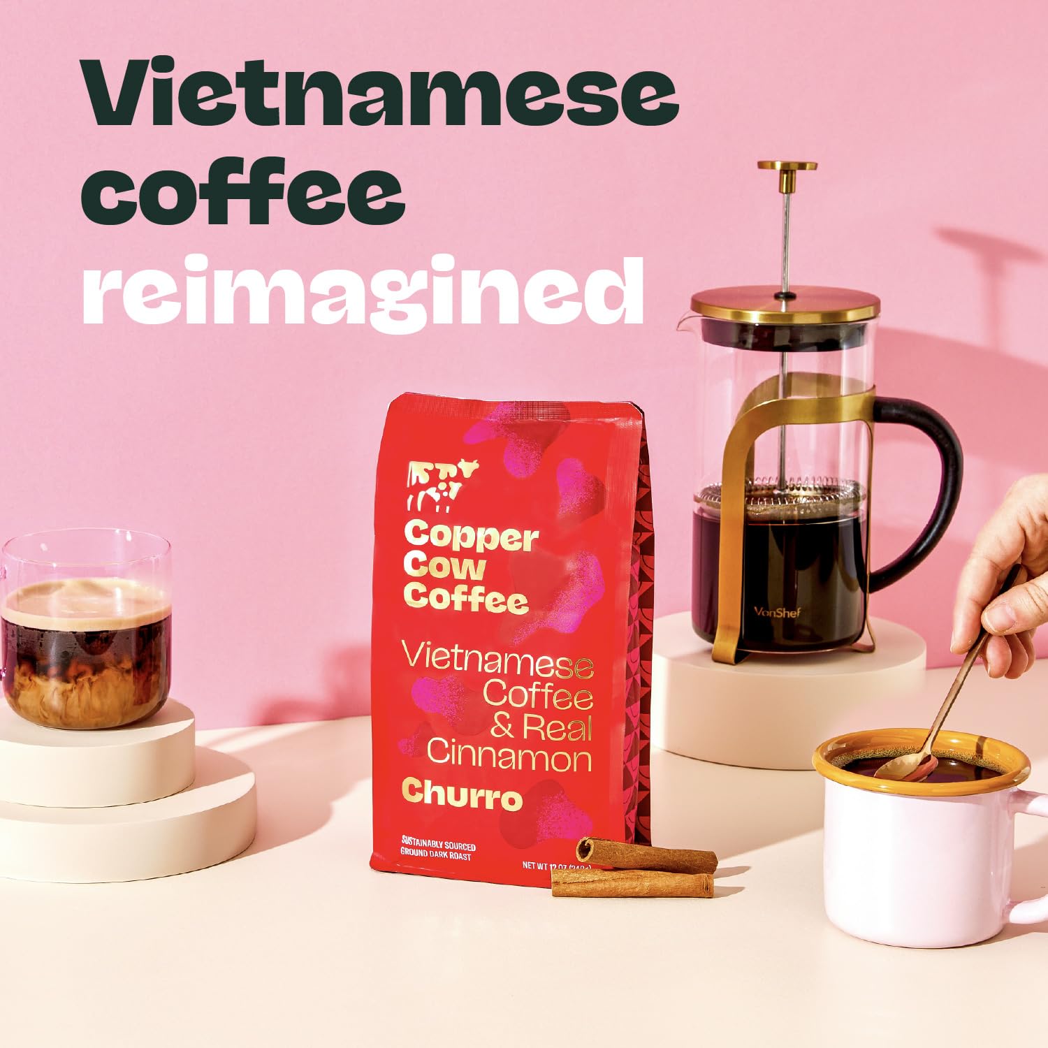 Copper Cow Coffee aromas fill the kitchen during cup preparation.