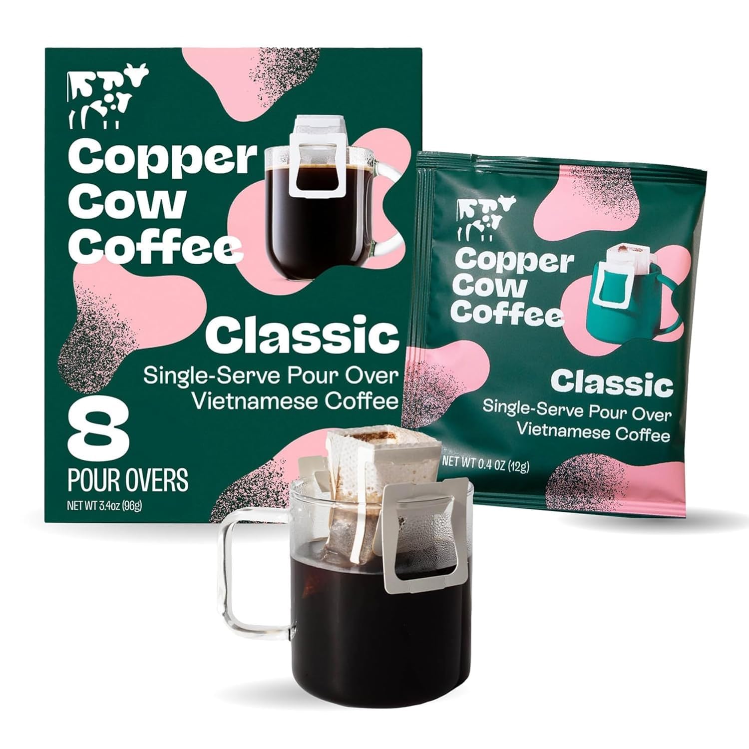Copper Cow Coffee pour-over classic black 8-pack on display for convenient on-the-go brew