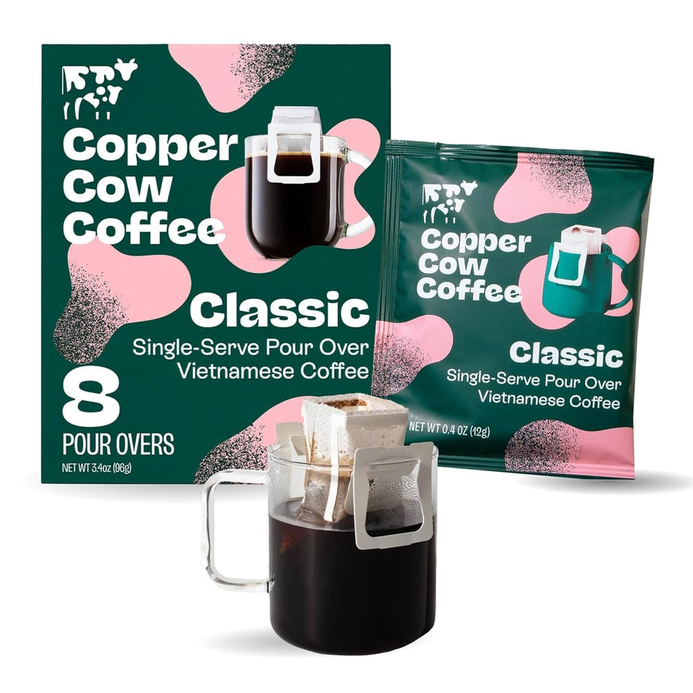 Copper Cow Coffee pour-over classic black 8-pack on display for convenient on-the-go brew