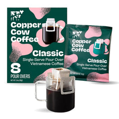 Copper Cow Coffee pour-over classic black 8-pack on display for convenient on-the-go brew