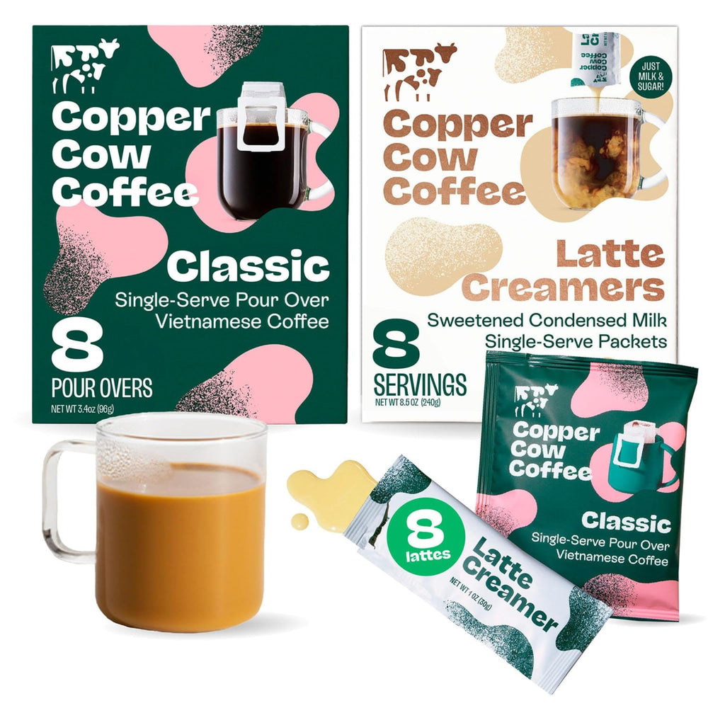 Copper Cow Coffee pour-over Vietnamese pouches for quick, authentic brew