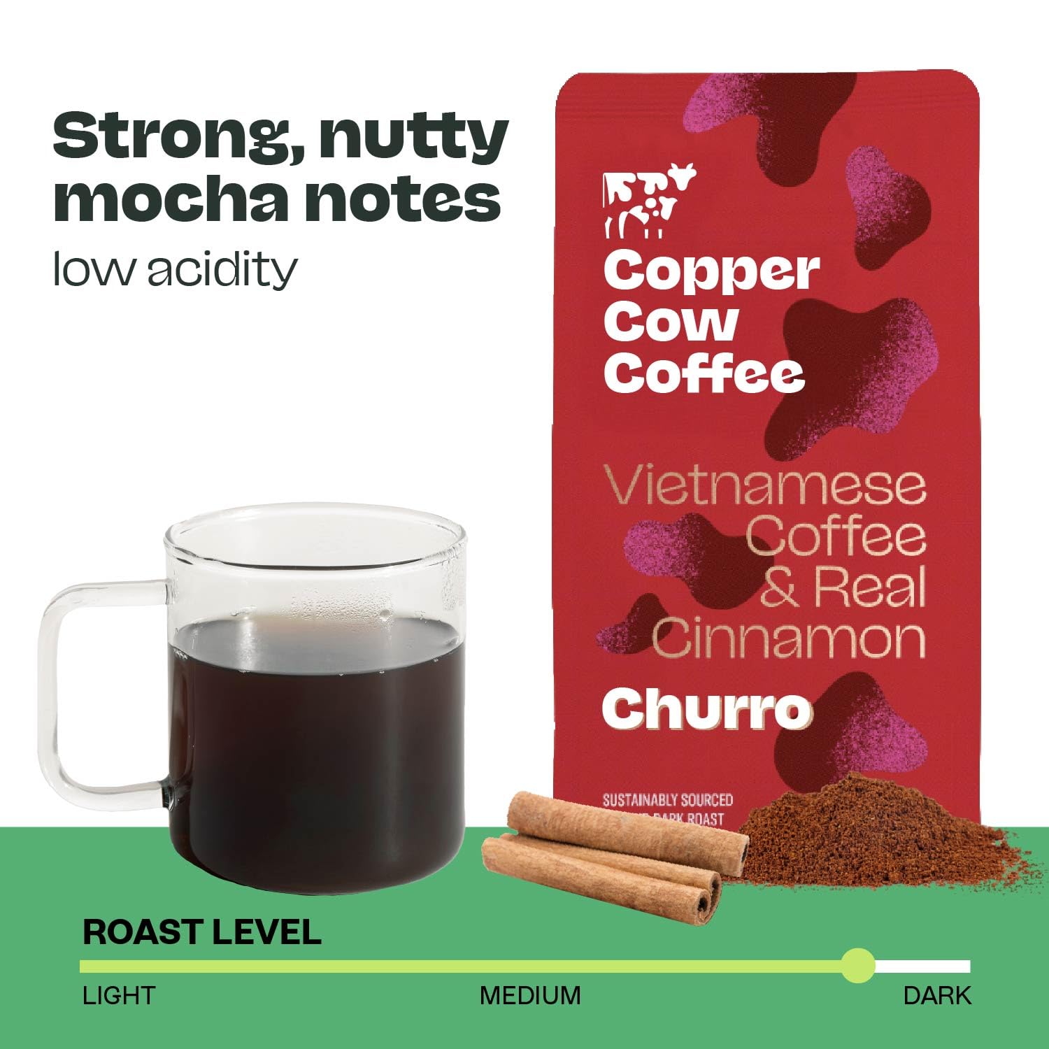 Copper Cow Coffee real cinnamon infusion creates a warm, dessert-like aroma while brewing.