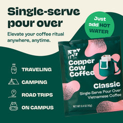 Copper Cow Coffee tear-hang-pour demo in-use pour-over filter