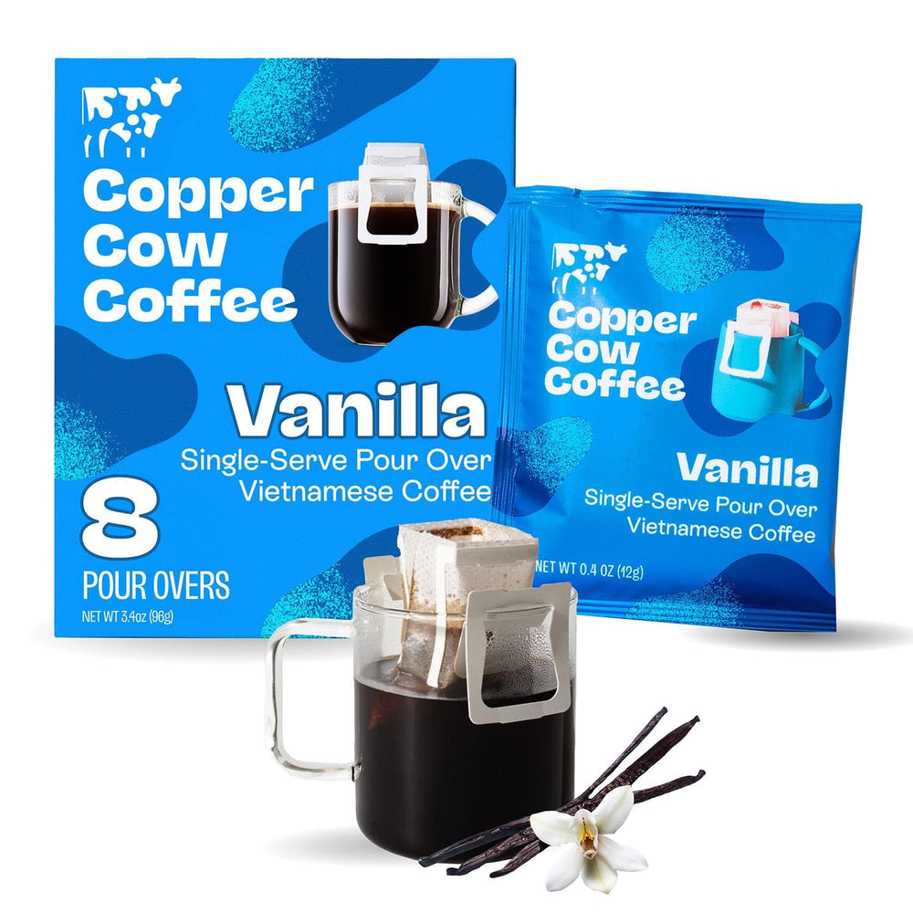 Copper Cow Coffee Vanilla Pour Over 8-Pack ready for quick, flavorful mornings