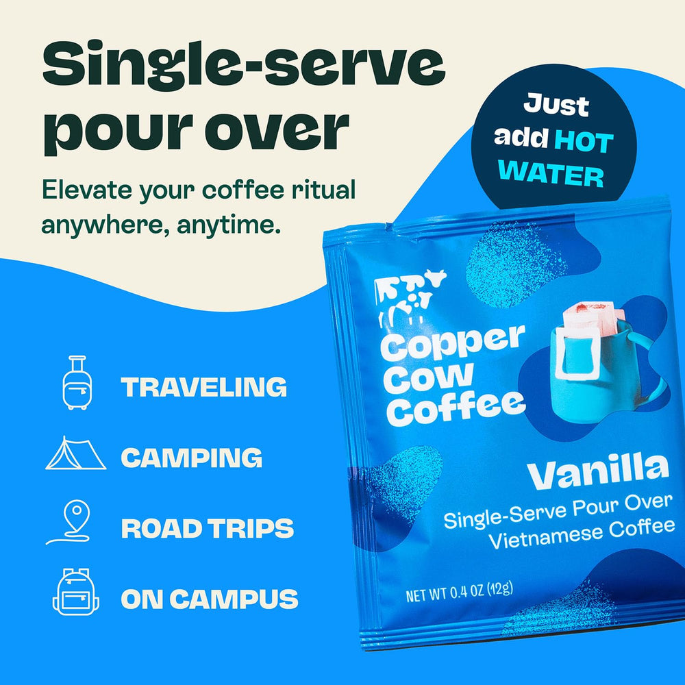 Copper Cow Coffee Vanilla Pour Over In Use demonstrates tear, hang, and pour setup