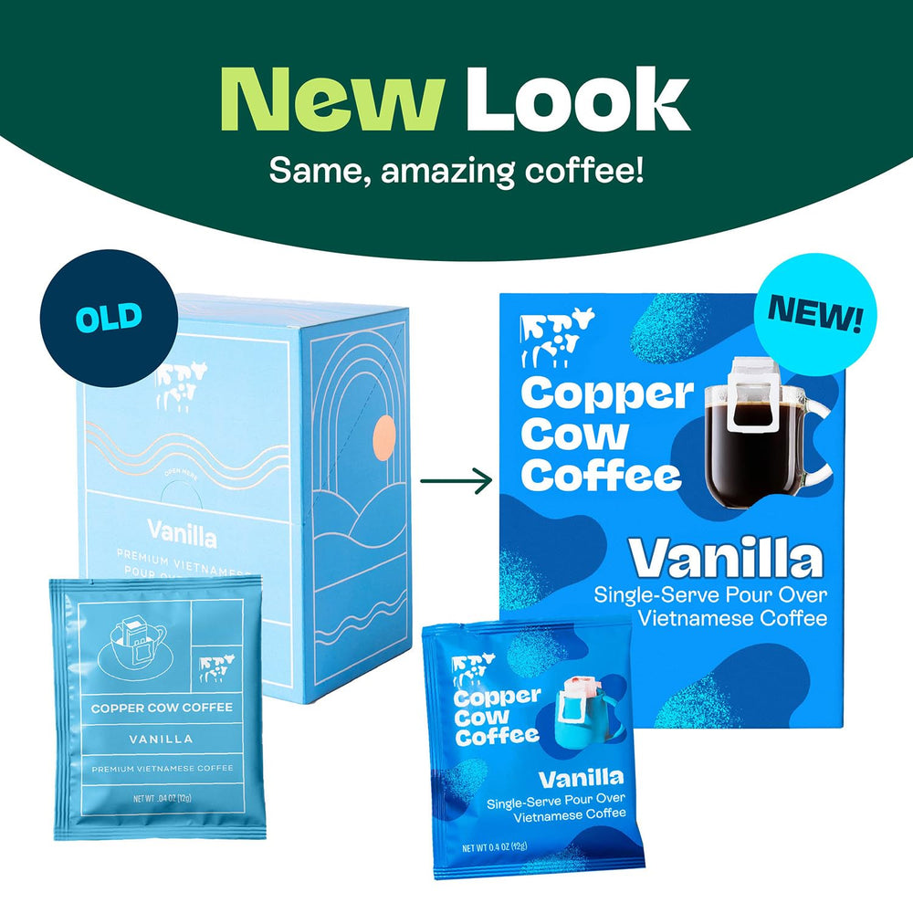 Copper Cow Coffee Vanilla Pour Over Pack Design highlights sustainable packaging and convenience