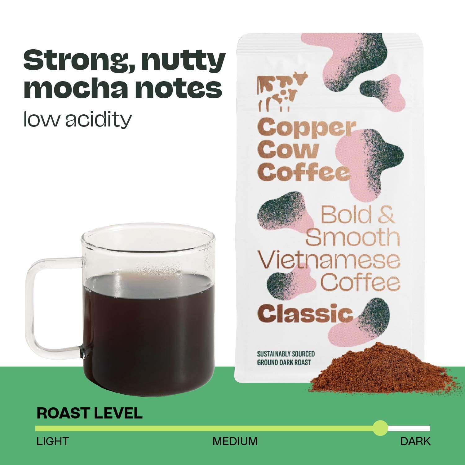 Real cinnamon infusion visible in ground Copper Cow coffee