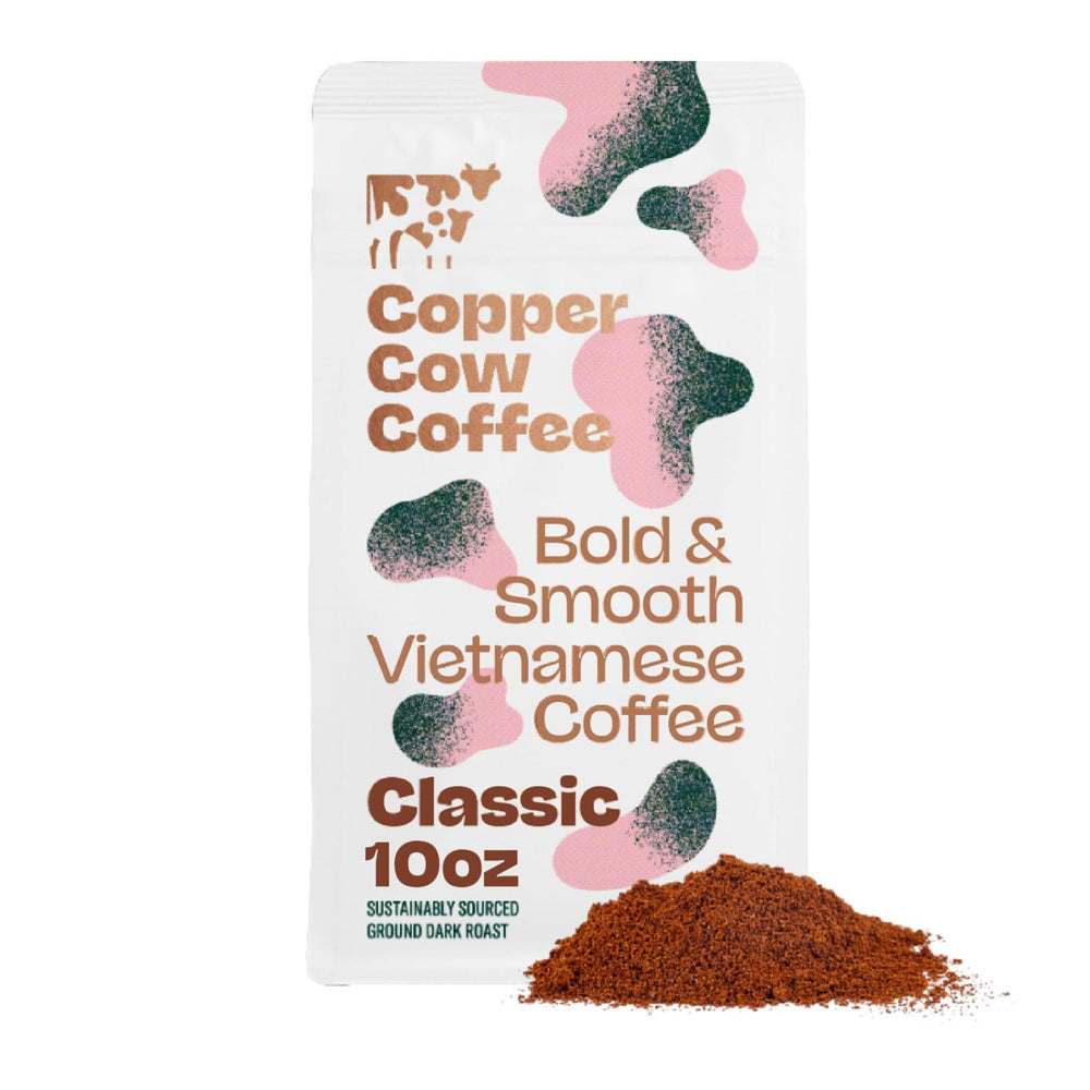 Copper Cow Premium Ground Coffee bag front showing bold aroma