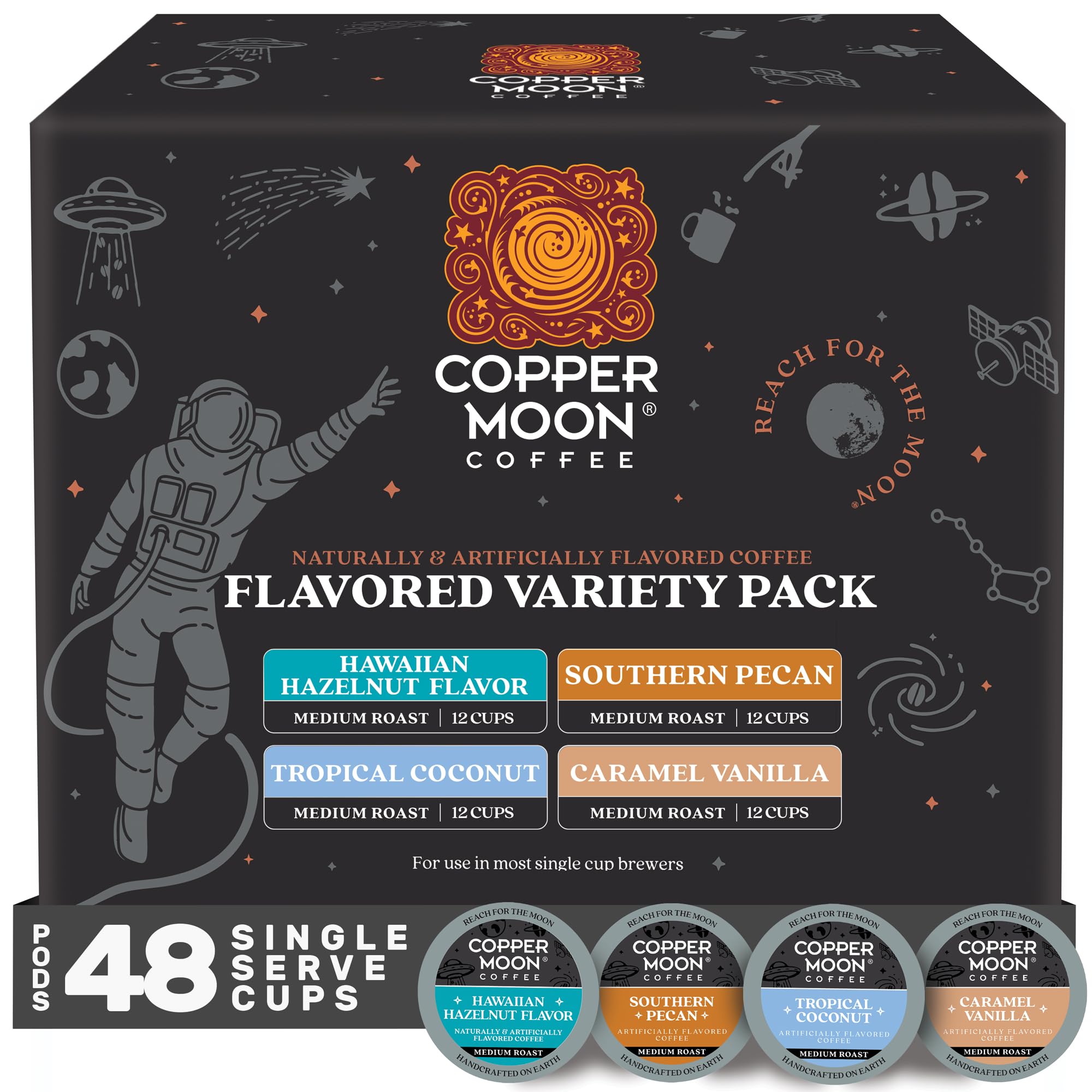 Copper Moon coffee pods for Keurig on a kitchen counter for quick brews