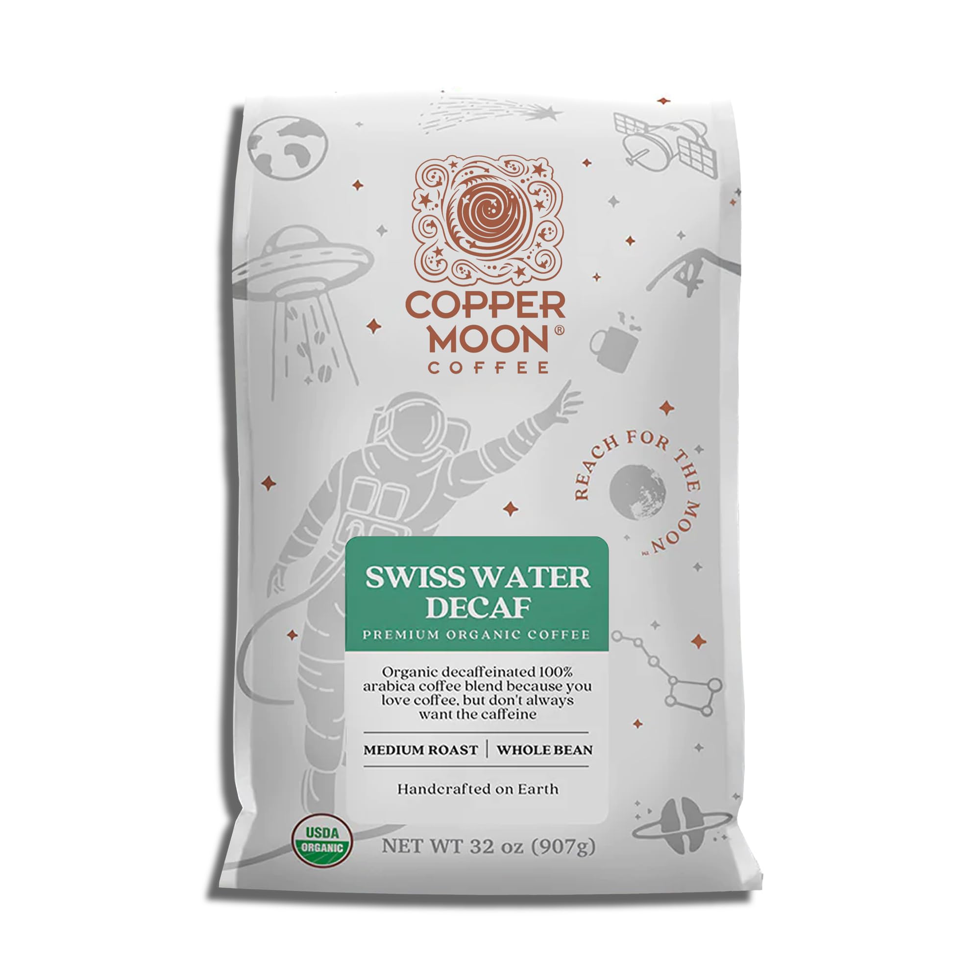 Copper Moon whole bean coffee in medium roast, ready for home grinding.
