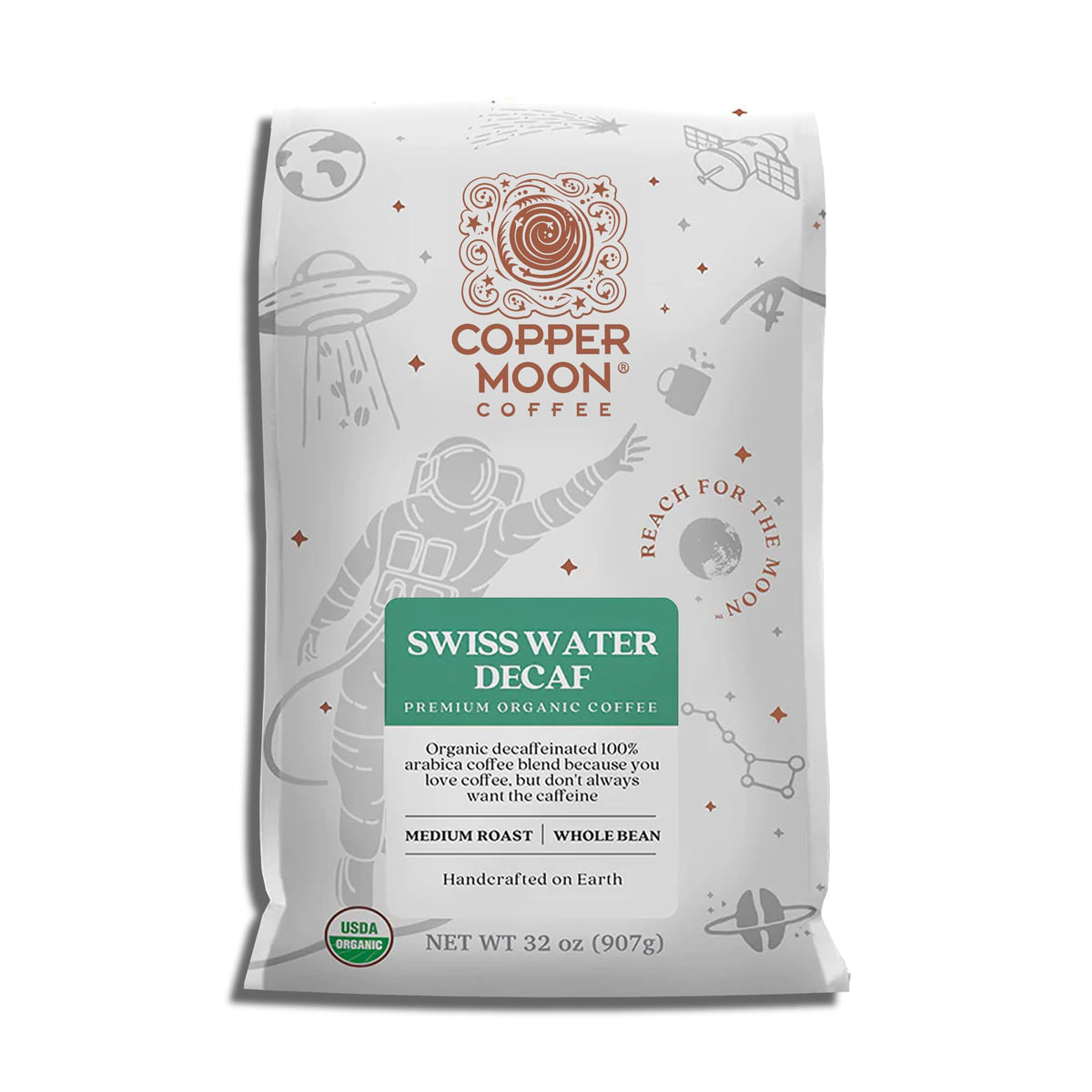 Copper Moon whole bean coffee in medium roast, ready for home grinding.