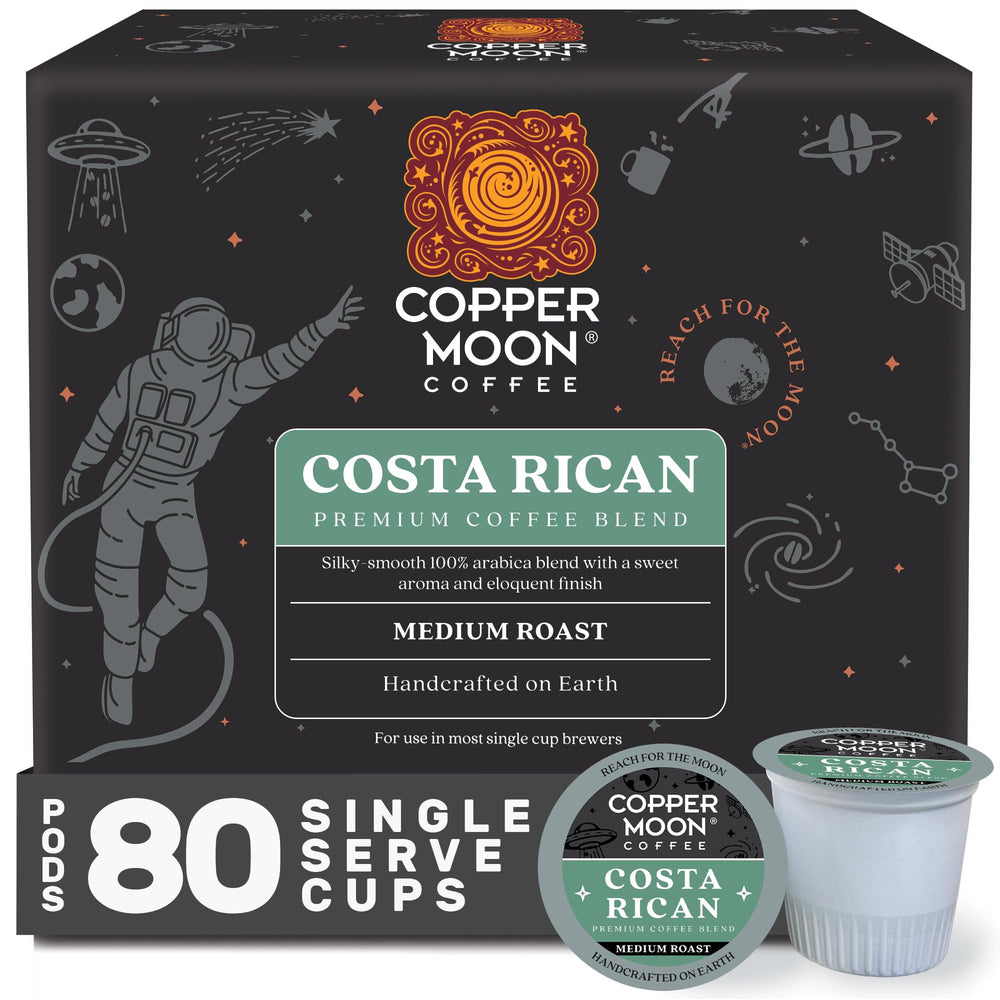 Copper Moon Costa Rican medium roast K-Cup pods packaging highlights premium sourcing and aroma.